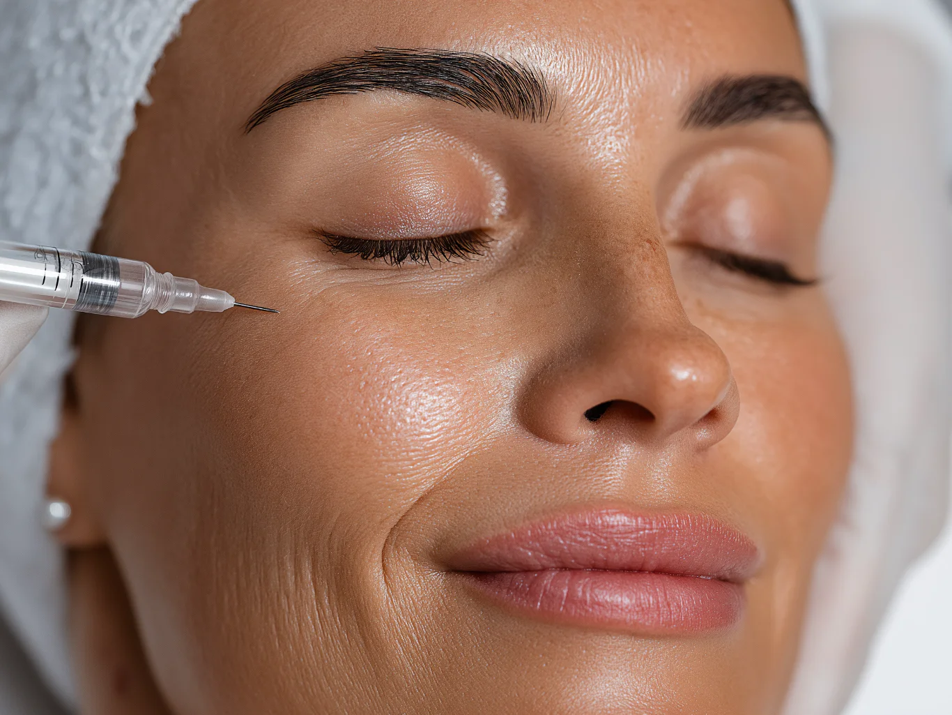 botox injection anti aging concept woman with eyes closed about to receive botox injection