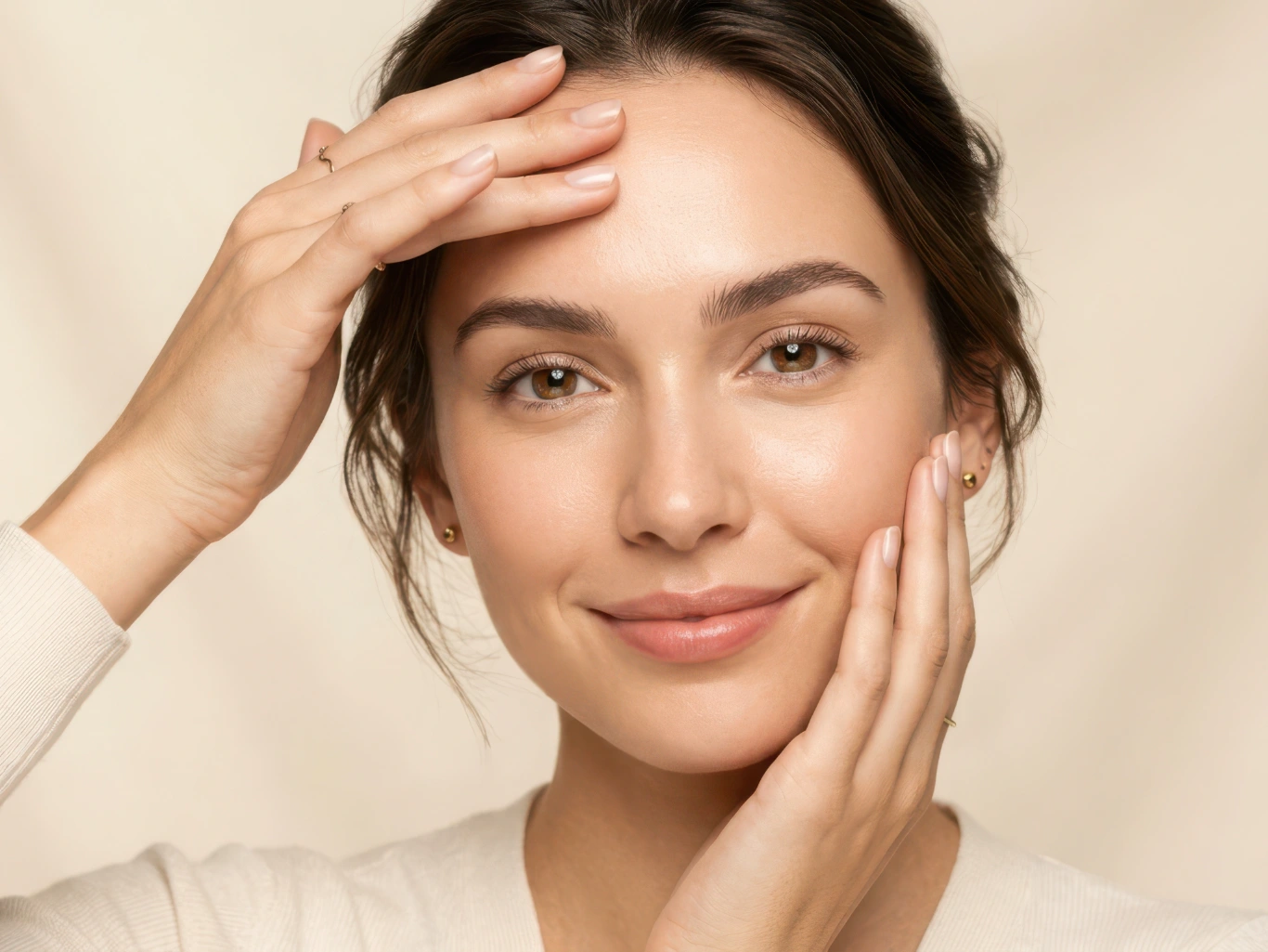 Close up beautiful woman face woman touching forehead and cheek gently