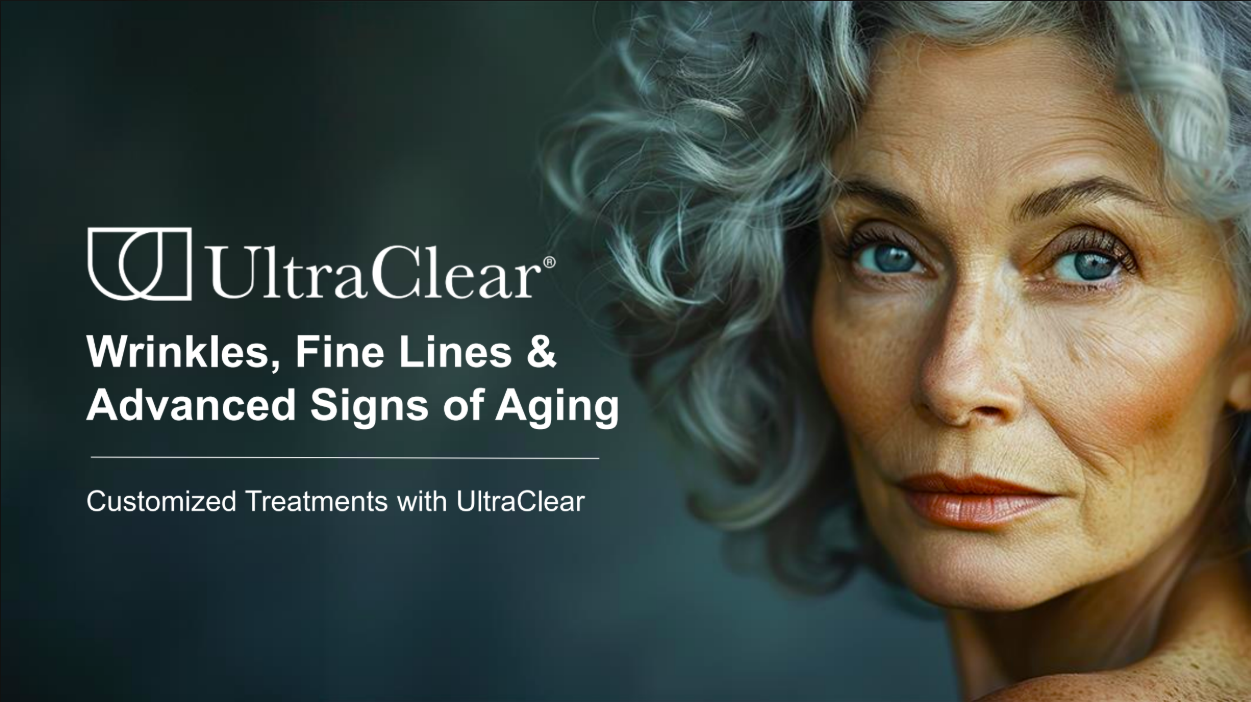 Mature woman with curly gray hair and smooth skin, promoting UltraClear treatments for wrinkles and aging signs.